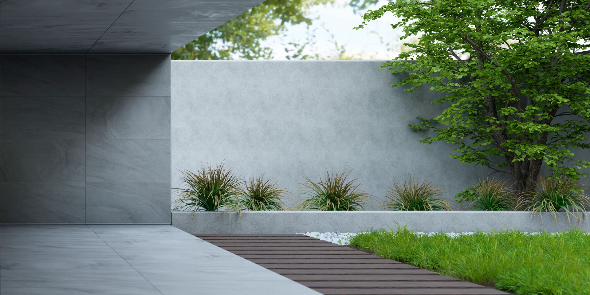 Modern biophilic home interior design with zen garden. Luxury house with empty concrete wall with sun light, green tree and outdoor plants.